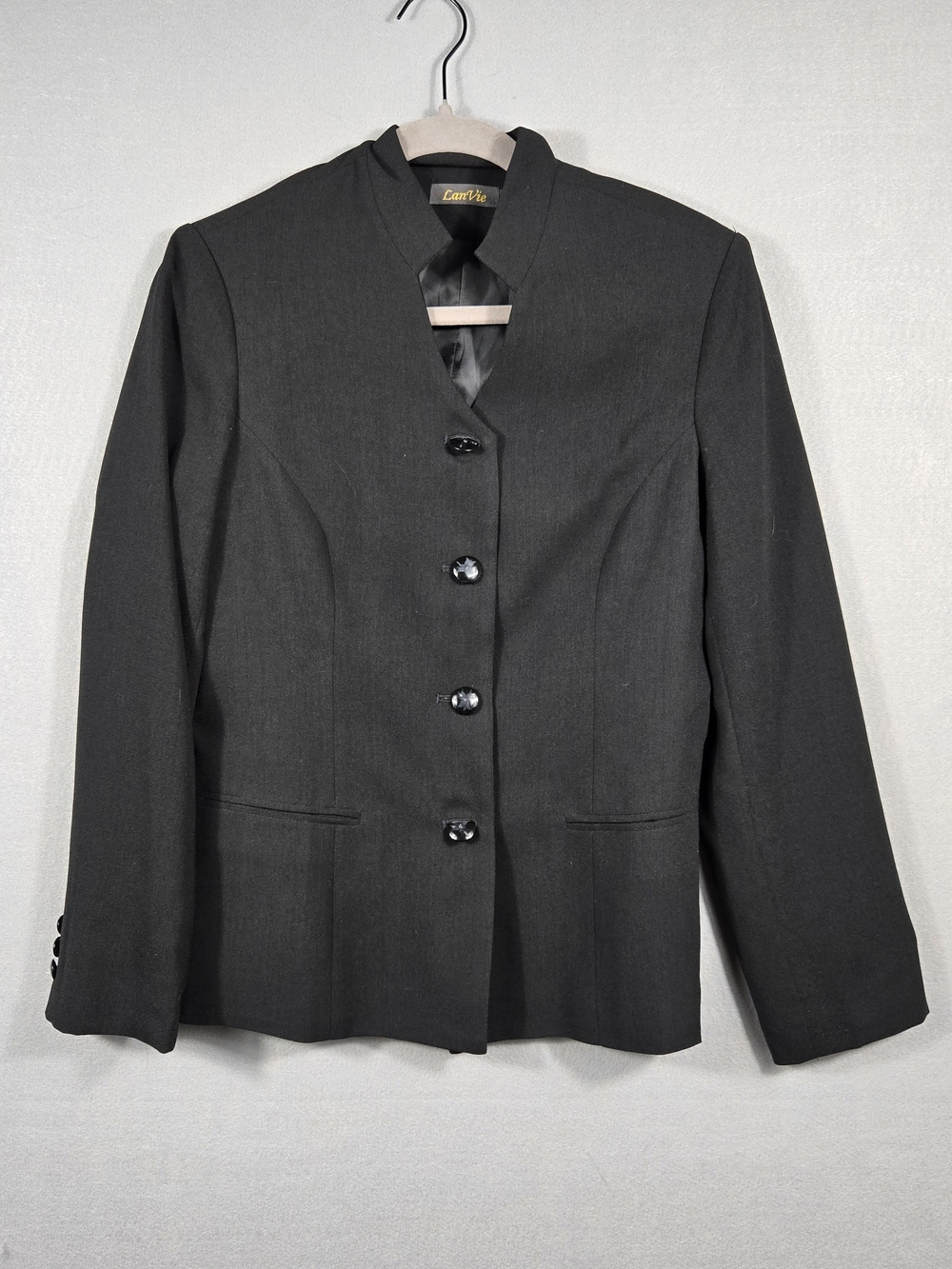 LanVie Black Blazer Size 6 Mandarin Collar Ornate Glitter Buttons Professional